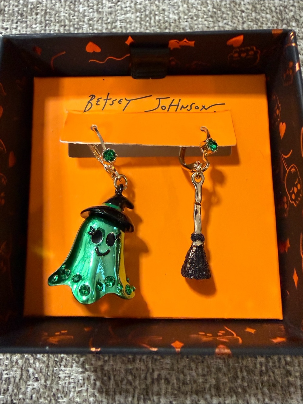 Betsey Johnson Green Ghost & Broom Halloween Earrings